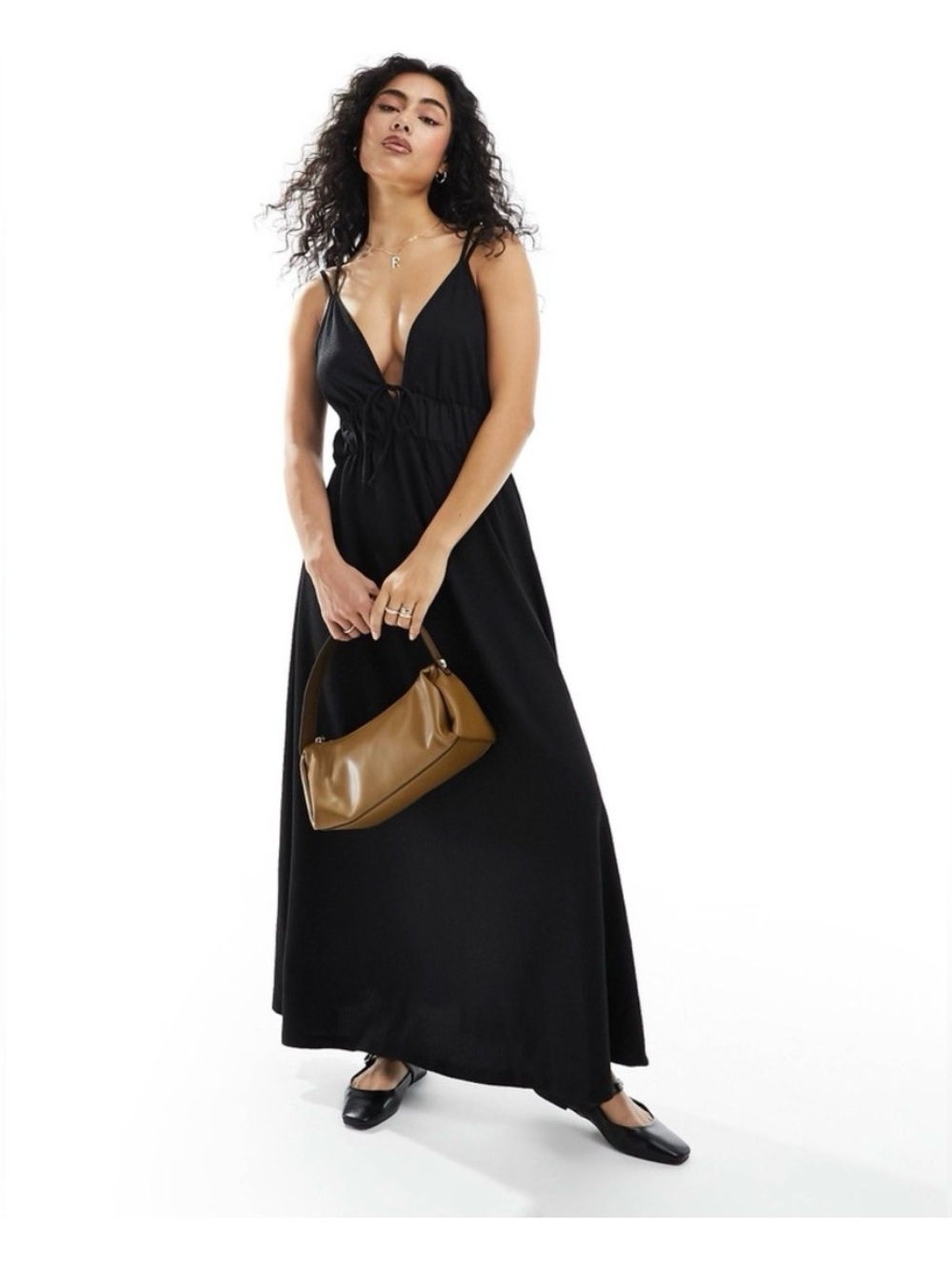 ASOS Black Maxi Strappy Dress with V-Back and Tassel Tie Size 12 Viscose